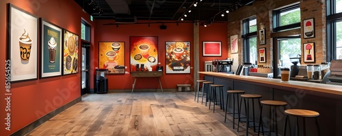 Vibrant Coffee Themed Art Exhibit with Paintings and Sculptures Celebrating the Culture of Coffee photo