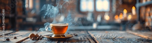 Steaming Turkish Coffee in a Traditional Cezve on Rustic Wooden Table photo