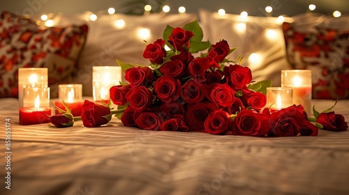 A luxurious bed adorned with red roses in a bouquet and surrounded by candlelight, creating a romantic setting for a wedding anniversary or Valentinea??s date photo