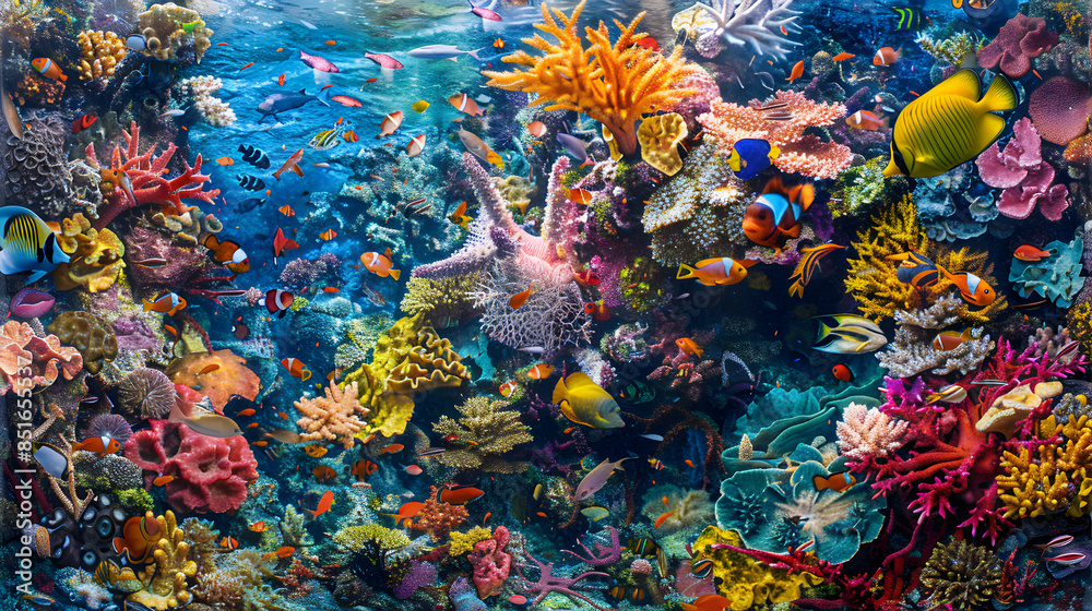 Naklejka premium Vibrant Underwater World: Colorful Coral Reef with Diverse Marine Life