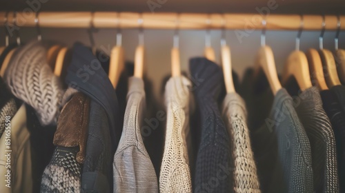A wooden clothes rack with a variety of clothes hanging on it. The clothes are mostly sweaters and jackets in neutral colors. photo