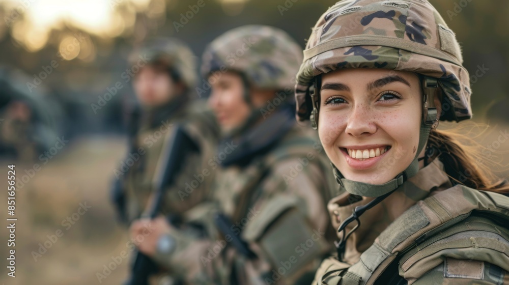 Portrait of a smiling young female soldier in military gear with colleagues in the background Portrait of a smiling young female soldier in military gear with colleagues in the background