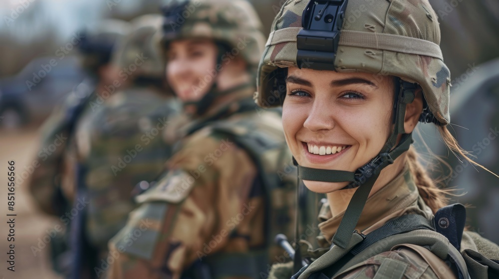 Portrait of a smiling young female soldier in military gear with colleagues in the background Portrait of a smiling young female soldier in military gear with colleagues in the background
