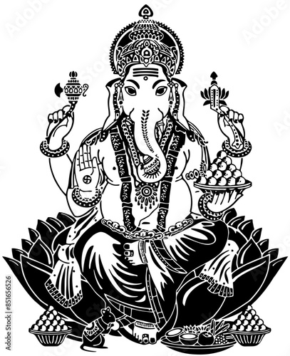 Hindu God Ganesh, Ganesha, Ganapati, sitting on a lotus flower and giving blessings to all in black and white
