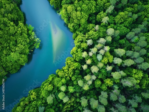 Medium shot of AAerial view of lush green forest with winding river, drone photography. photo