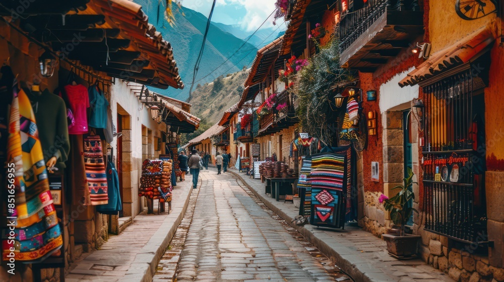 Fototapeta premium Man traveler with backpack explore the village walking on the old streets and explore the castles and fortresses