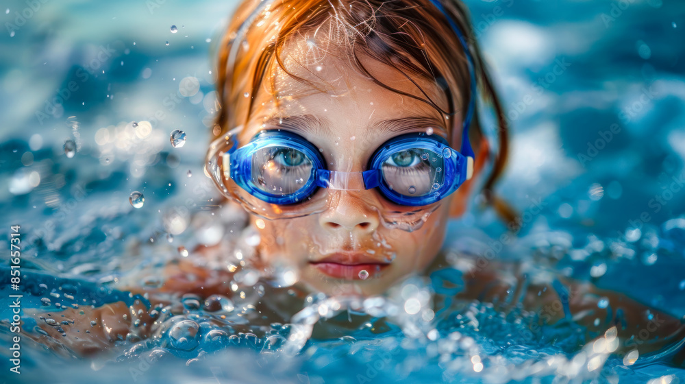 Naklejka premium A little white girl wearing blue swim goggles, focuses intently on swimming in a pool. Perfect for promoting summer activities, water sports and swimming lessons.
