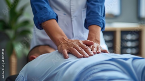 Professional chiropractor adjusting patient's back, providing healthcare and wellness treatment in a clinical setting for pain relief. © Parintron