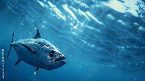 A large bluefin tuna swims in the deep blue ocean. The fish is sleek and muscular, with a powerful tail that propels it through the water. photo