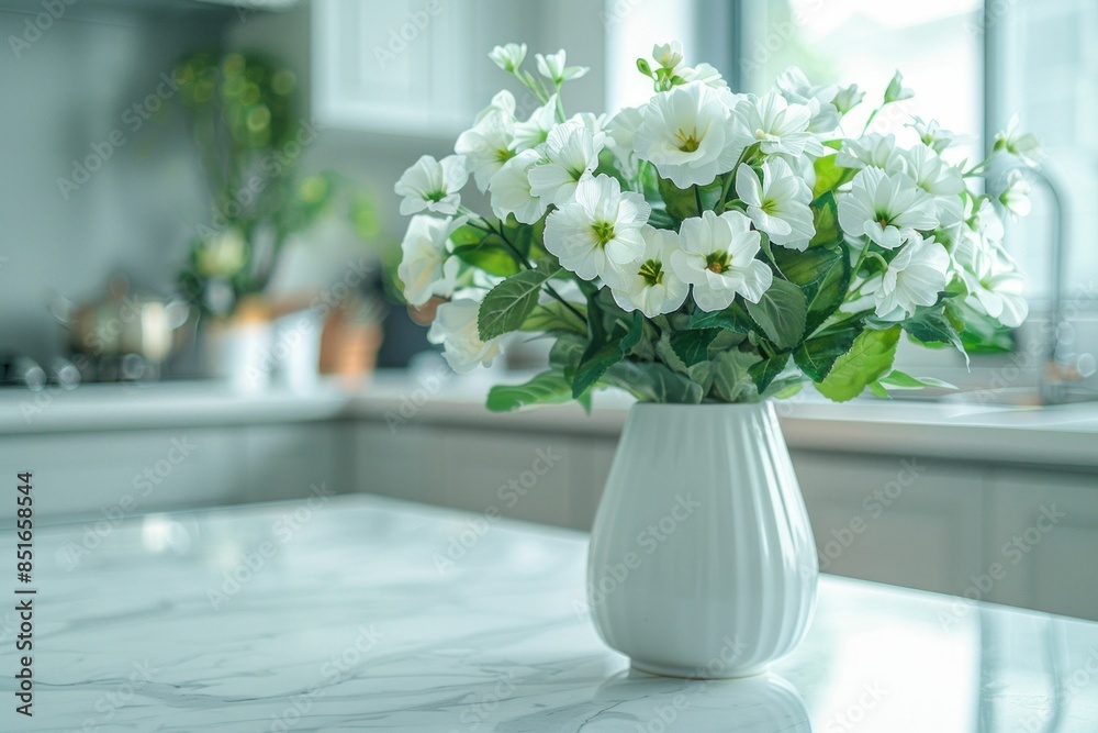White Flowers in a Glass Vase on a Modern Table. Generative ai. White Flowers in a Glass Vase on a Modern Table. Generative ai.