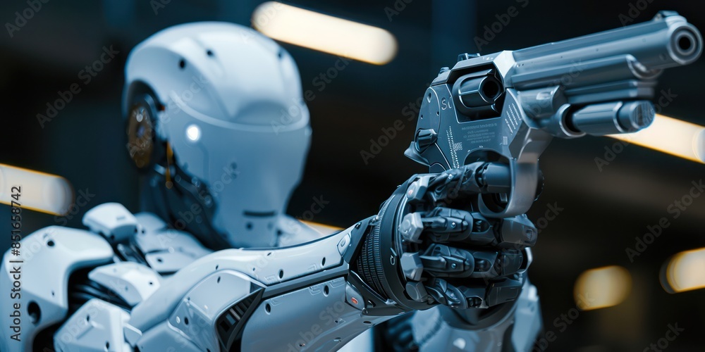 Fototapeta premium white robot holding gun