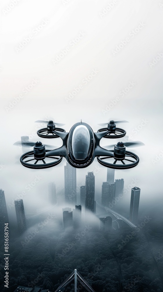 Fototapeta premium Futuristic Drone Flying Over Modern Cityscape. Generative ai.