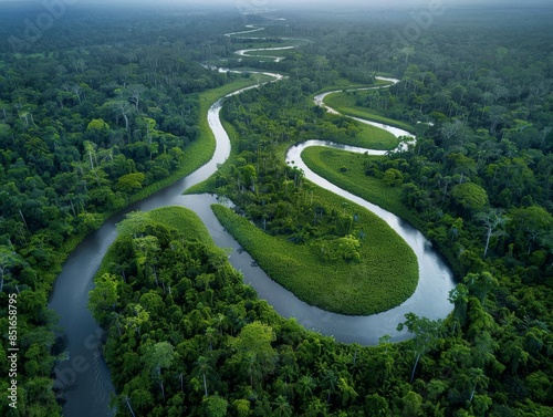 Medium shot of AAerial view of lush green forest with winding river, drone photography. photo