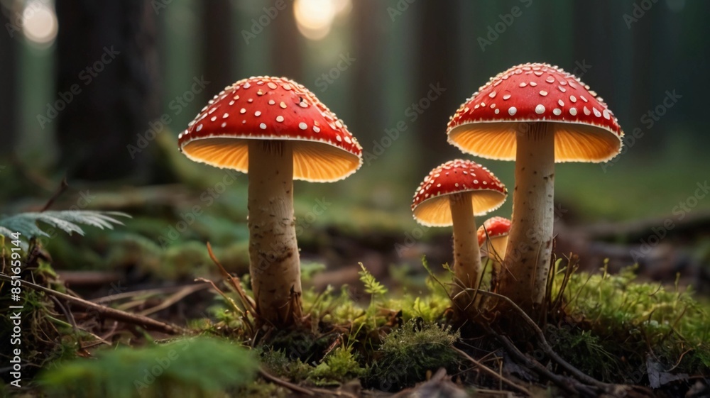 Fototapeta premium fly agaric mushrooms sprout in the forest dawn close-up