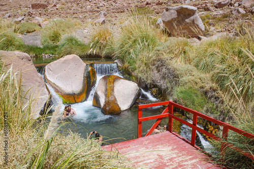 San Pedro de Atacama, Chile - Dec 1, 2023: Puritama Hot Springs, a series of natural volcanic pools in the Atacama Desert