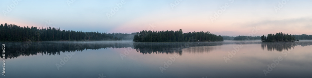 panorama of a forest lake with fog panorama of a forest lake with fog