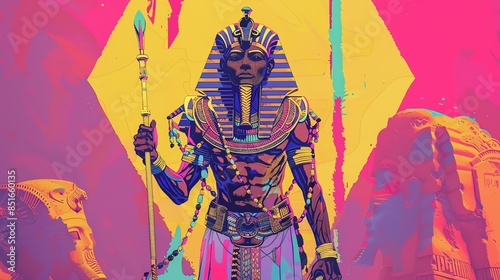 A vibrant, colorful illustration of an ancient Egyptian pharaoh with statues in the background, blending modern and traditional artistic styles.