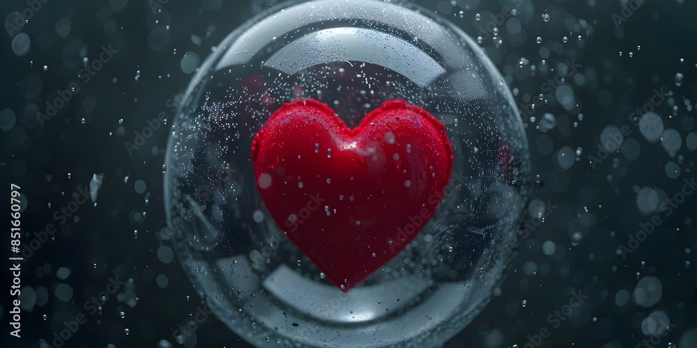 Naklejka premium Top View of a Digital Red Heart Shape Inside a Dark Sphere with Stars. Concept Romantic Design, Heart Shape Art, Sphere with Stars, Love Symbol, Red Heart Illustration