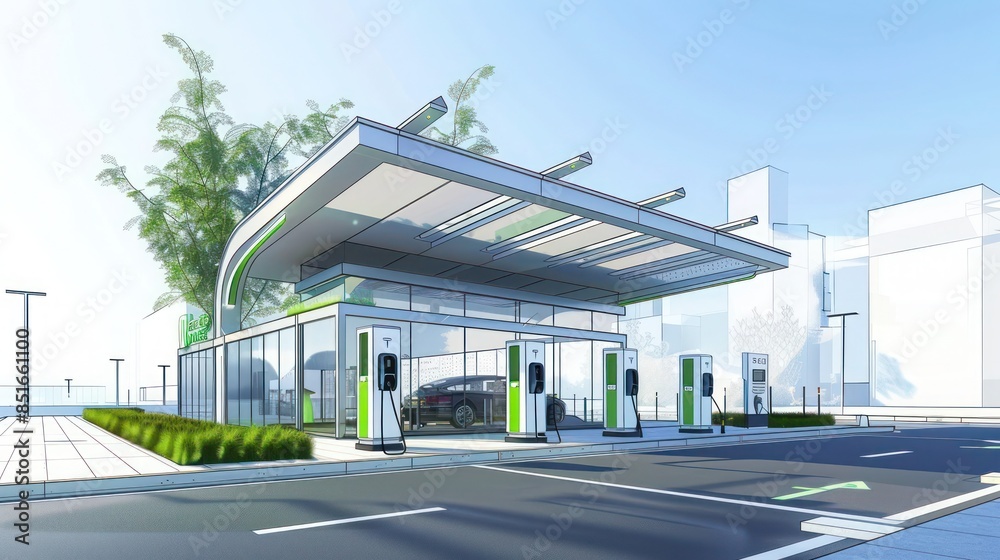 Technical drawings of a modern electric vehicle charging station with advanced infrastructure and green energy systems Technical drawings of a modern electric vehicle charging station with advanced infrastructure and green energy systems
