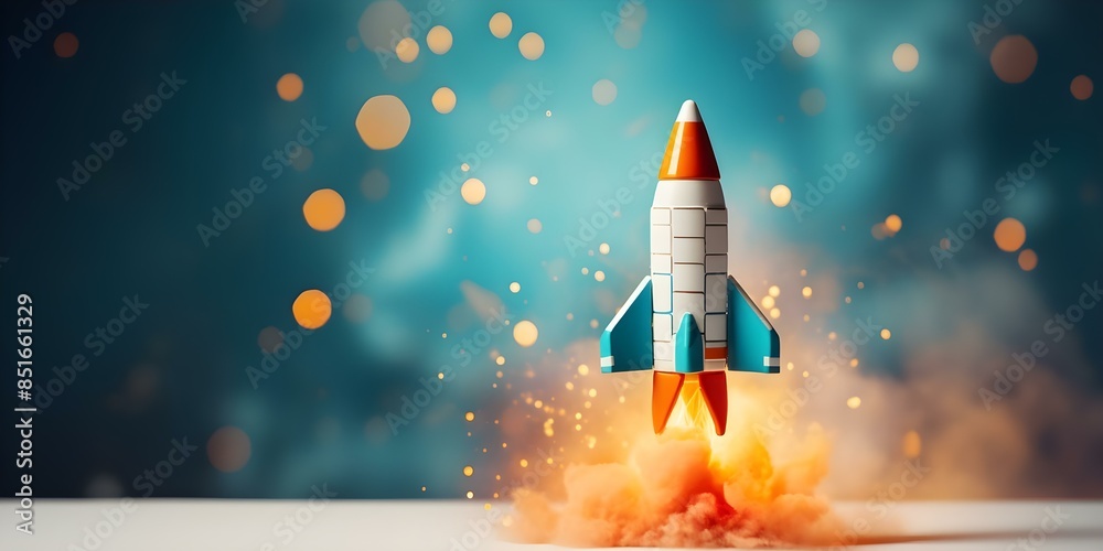 Obraz premium Paper rocket flying over colorful background leading the way to success. Concept Success, Paper Rocket, Colorful Background, Creativity, Achievement