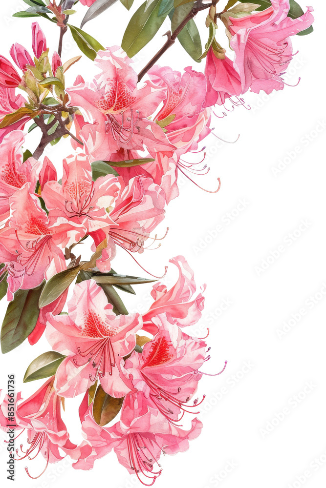Fototapeta premium Beautiful pink azalea flowers in full bloom with lush green leaves on a white background, perfect for nature-themed projects.