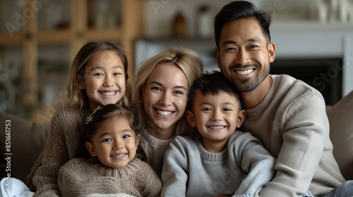 Happy mixed-race family smiling together on a couch.