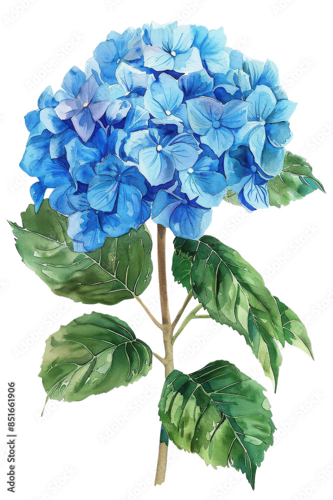 Vibrant close-up of a blue hydrangea flower with lush green leaves, beautifully detailed in watercolor illustration for floral designs and nature lovers.