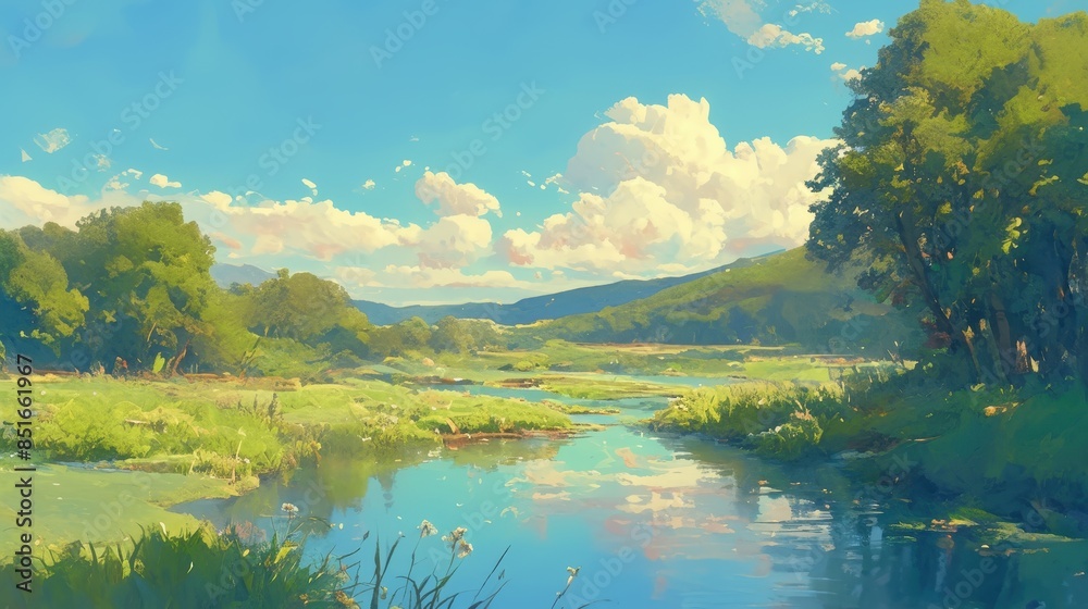 Fototapeta premium Tranquil River Landscape Under a Sunny Sky