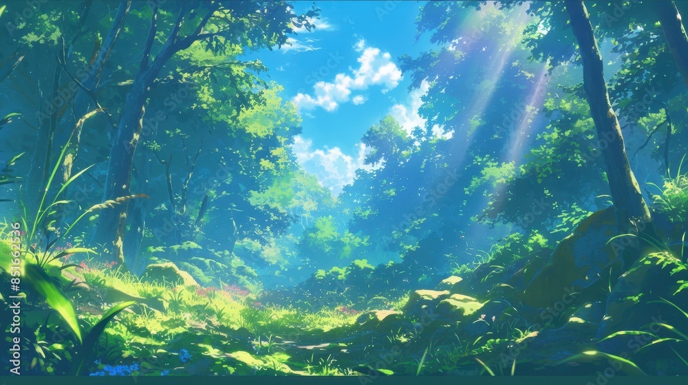 Obraz premium Sunlight Filtering Through a Lush Forest