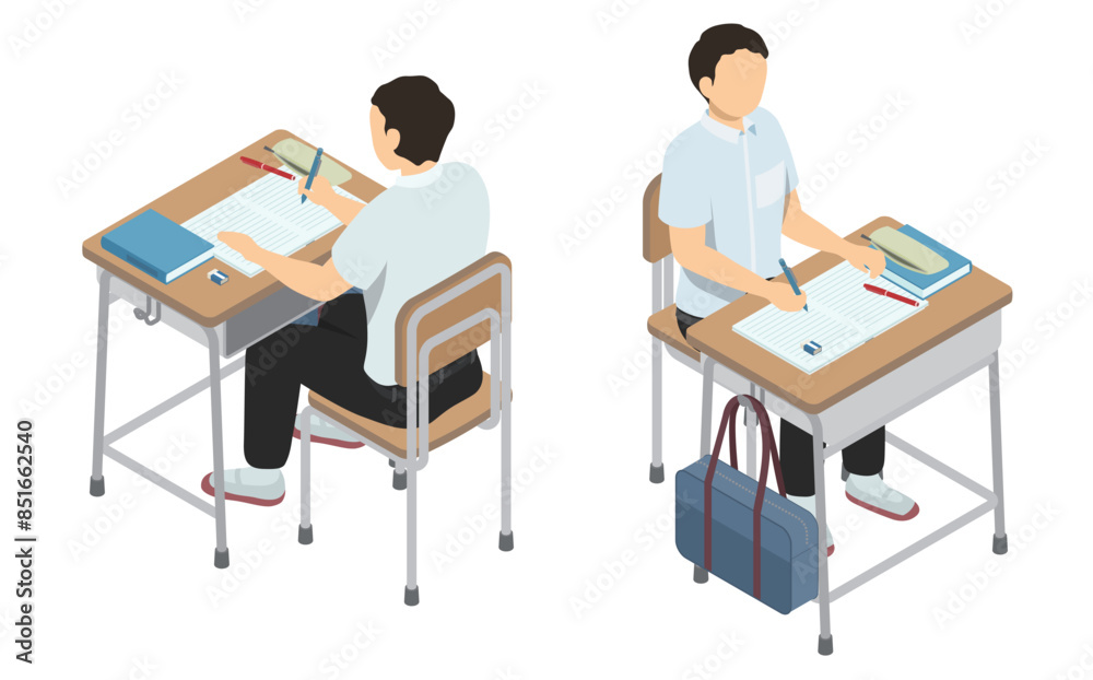 アイソメトリックイラスト:学校の机で勉強する男子生徒(夏服) アイソメトリックイラスト:学校の机で勉強する男子生徒(夏服)