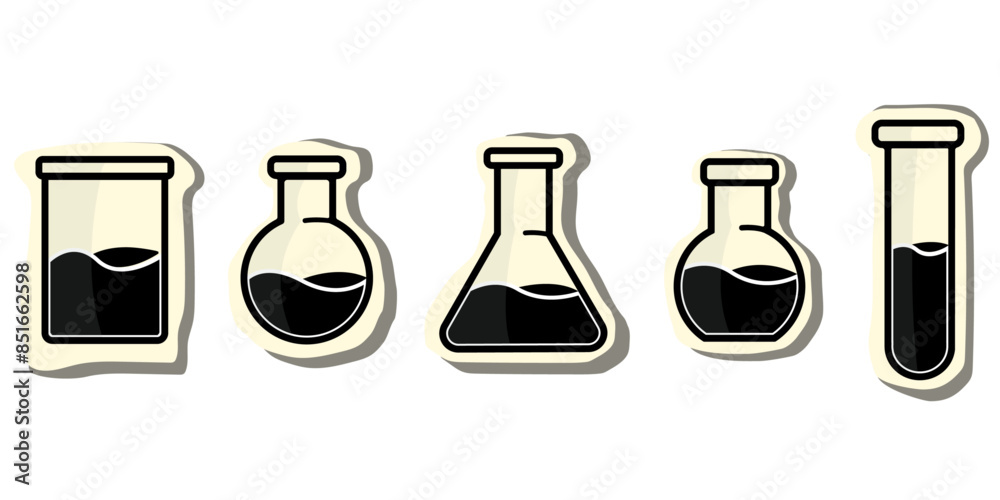 Sticker vector drawing of glass tubes, flasks for chemical experiments. Glass flask for alchemy, magic drinks. A set of flasks for the design of magical rituals. Sticker vector drawing of glass tubes, flasks for chemical experiments. Glass flask for alchemy, magic drinks. A set of flasks for the design of magical rituals.