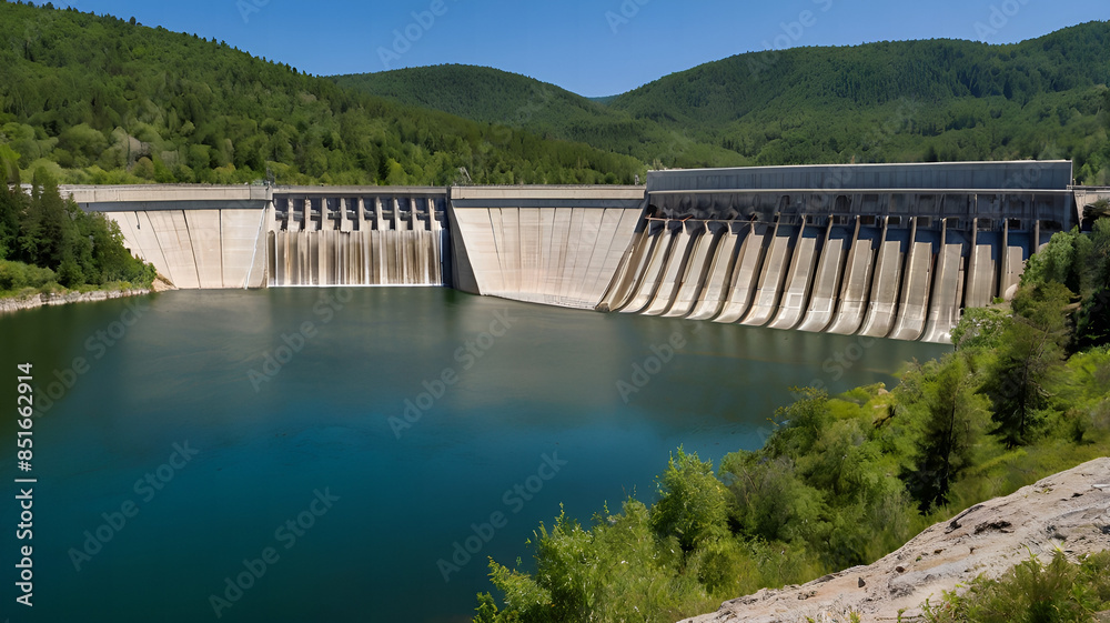 a hydroelectric dam, showcasing the symmetrical design and the vast reservoir it controls, with the natural beauty of the surrounding landscape providing a stunning contrast a hydroelectric dam, showcasing the symmetrical design and the vast reservoir it controls, with the natural beauty of the surrounding landscape providing a stunning contrast