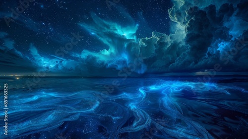 Bioluminescence. Bio luminescent ocean. Bioluminescent plankton in the sea