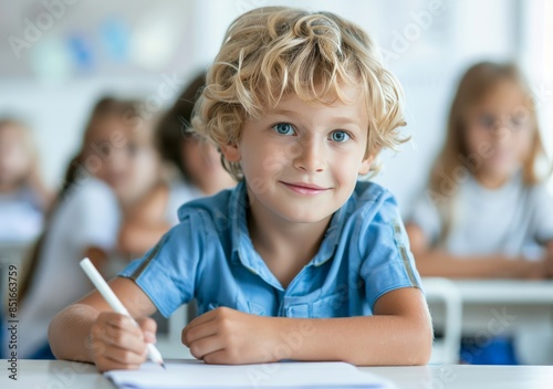 A young boy is sitting at a desk with a pencil in his hand