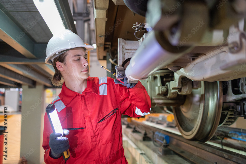 Technician Inspecting Train Suspension System Technician Inspecting Train Suspension System