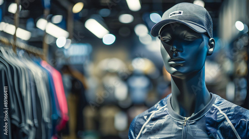 A mannequin in a sportswear store displaying trendy and stylish athletic attire for exercise and workout. © Jhon