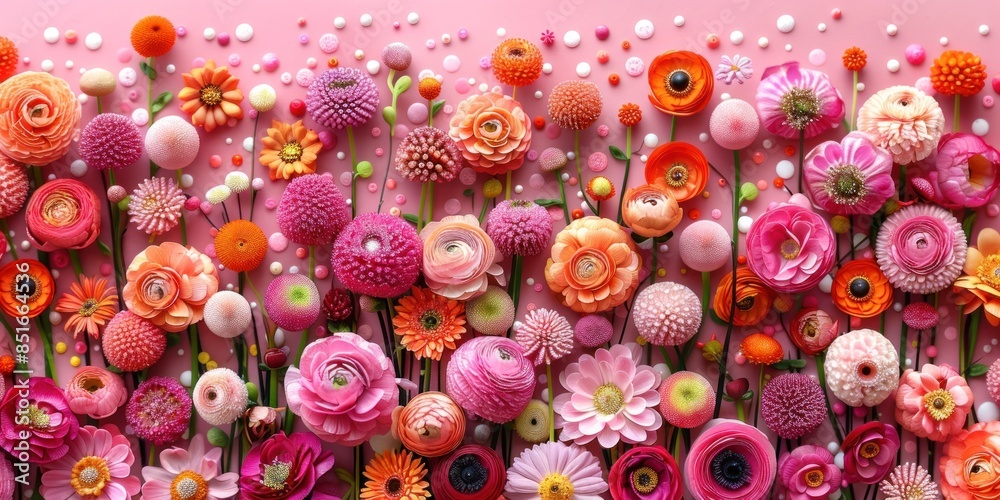 Close-up shot of various paper flowers arranged on a pink background