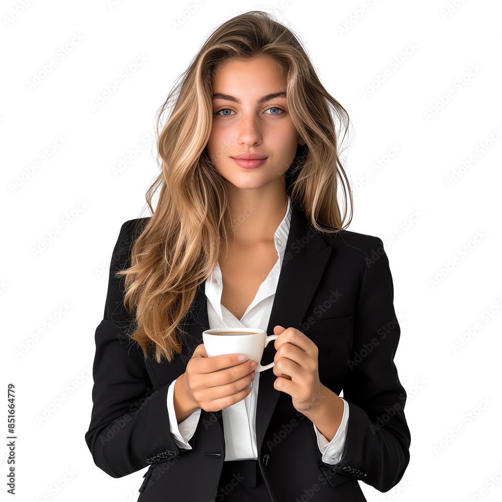 Confident businesswoman in a black suit holding a coffee cup, exuding professionalism and elegance with a bright, welcoming smile. Confident businesswoman in a black suit holding a coffee cup, exuding professionalism and elegance with a bright, welcoming smile.