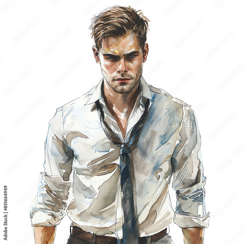 Digital art of a serious man in a white shirt with a loose tie, conveying intense emotions and strength. Digital art of a serious man in a white shirt with a loose tie, conveying intense emotions and strength.