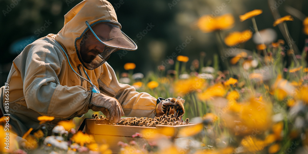 Beekeepers Extracting Honey from Bees in the Garden Beekeepers Extracting Honey from Bees in the Garden