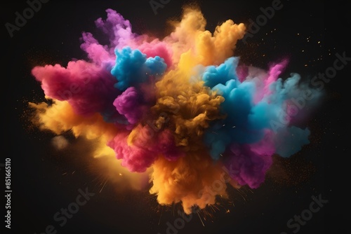 A striking AI-generated photo capturing an explosive burst of golden and multicolored smoke, enhanced by dynamic sparks. Perfect for use in creative projects, marketing materials, or artistic displays