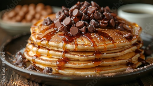 Scrumptious pancakes loaded with melting chocolate pieces and a generous caramel sauce, ready for a sweet feast