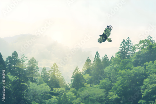 A powerful eagle with a double exposure of soaring over a lush forest. photo