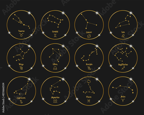 Constellations of zodiac signs in golden shiny circles, set. Golden design on a black background. Icons, vector