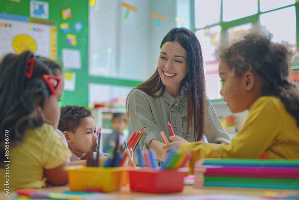 Obraz premium A teacher is helping a group of children with their art projects