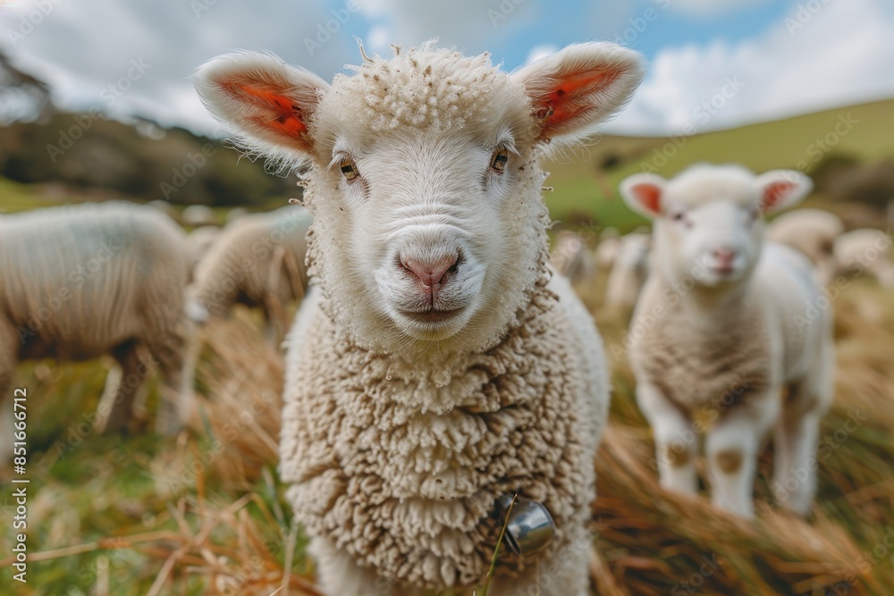 A fluffy white lamb with a small bell around its neck, standing in a green pasture with other sheep grazing in the background A fluffy white lamb with a small bell around its neck, standing in a green pasture with other sheep grazing in the background