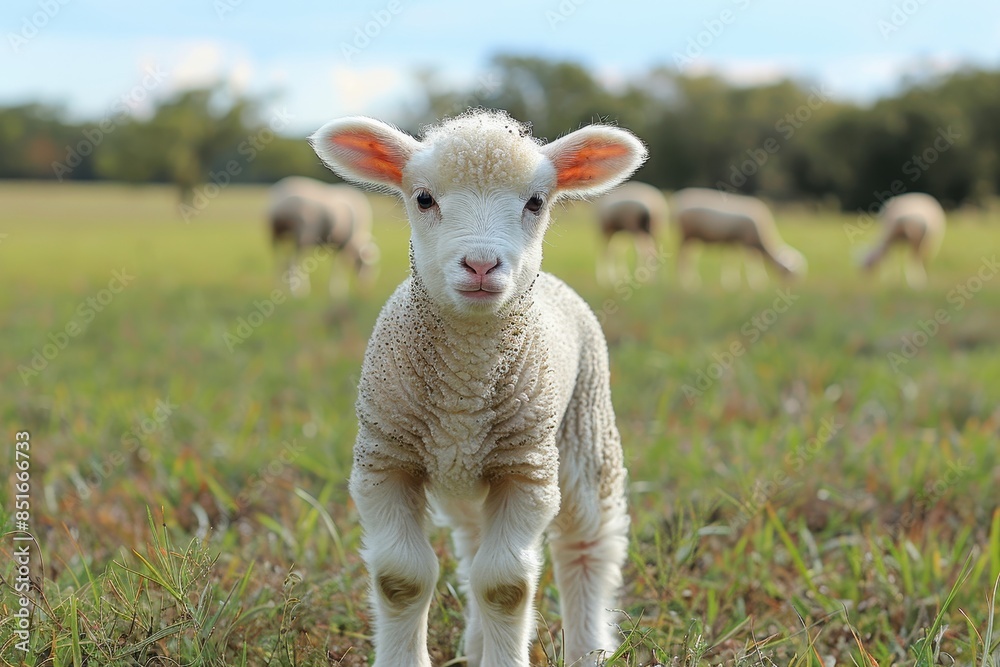 Fototapeta premium A fluffy white lamb with a small bell around its neck, standing in a green pasture with other sheep grazing in the background