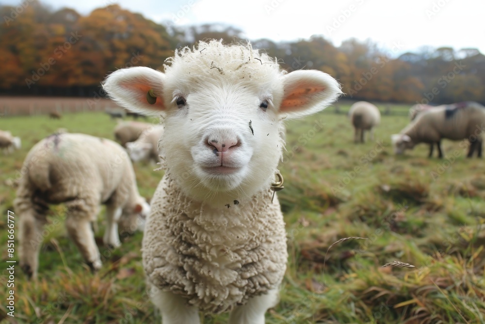 A fluffy white lamb with a small bell around its neck, standing in a green pasture with other sheep grazing in the background A fluffy white lamb with a small bell around its neck, standing in a green pasture with other sheep grazing in the background