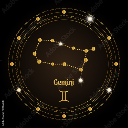 Gemini, constellation of the zodiac sign in the cosmic magic circle. Golden design on a dark background. Vector
