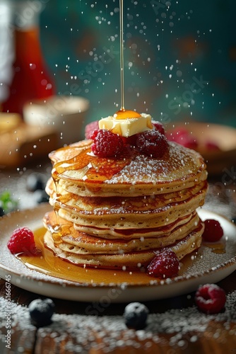 Close-up image of a stack of pancakes drizzled with syrup and topped with butter and raspberries. The pancakes are on a white plate, and there is powdered sugar on the table around the plate © Nino Lavrenkova